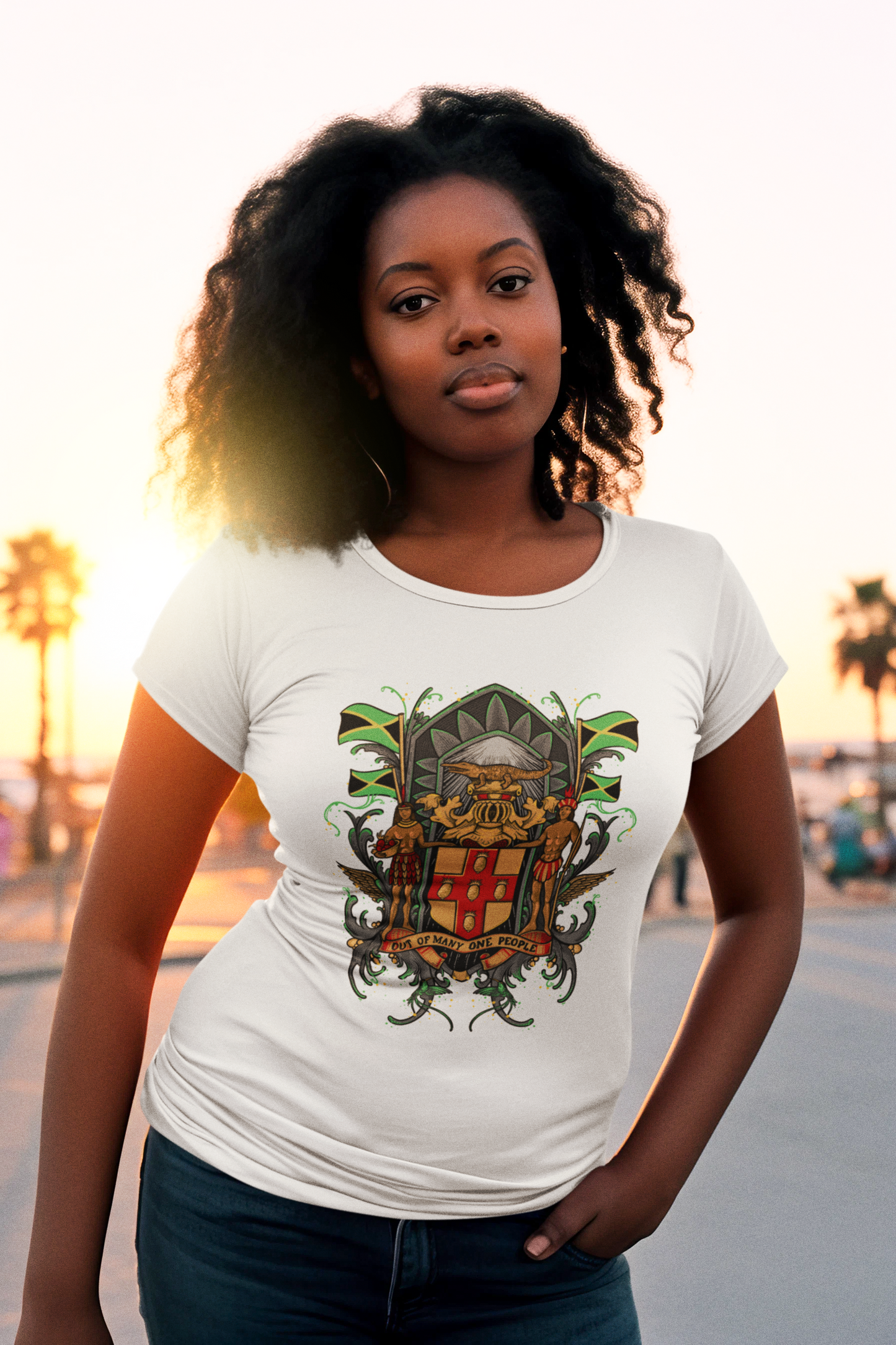 Model wearing Jamaica T-Shirt with national coat of arms and bird graphic