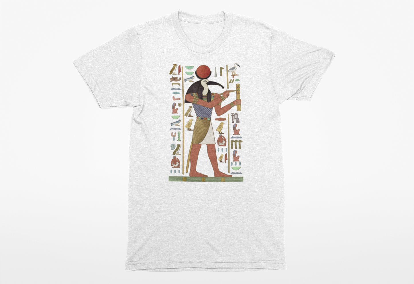 Thoth T-Shirt flat on white background with Egyptian mythology graphic design