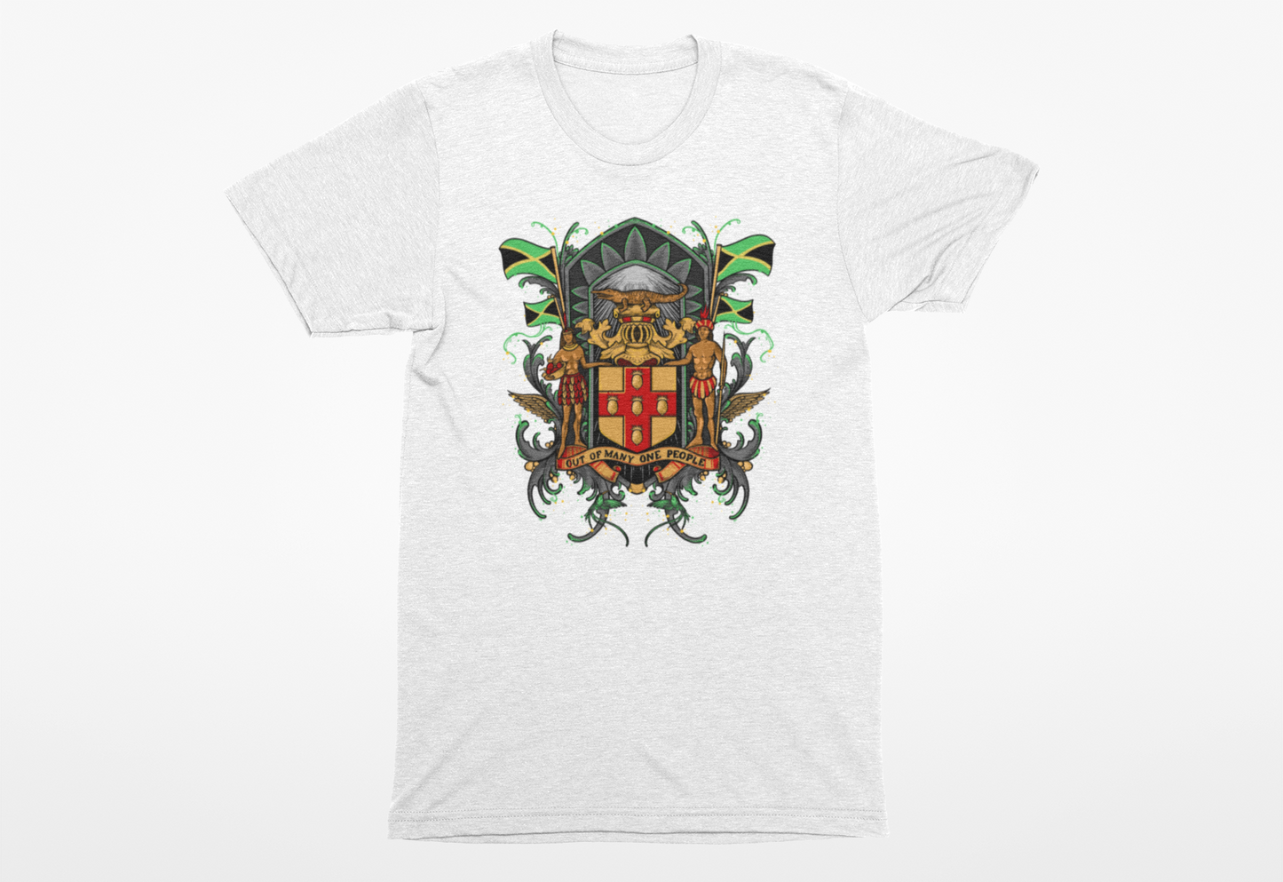 Jamaica T-Shirt flat on white background with coat of arms and national bird design.