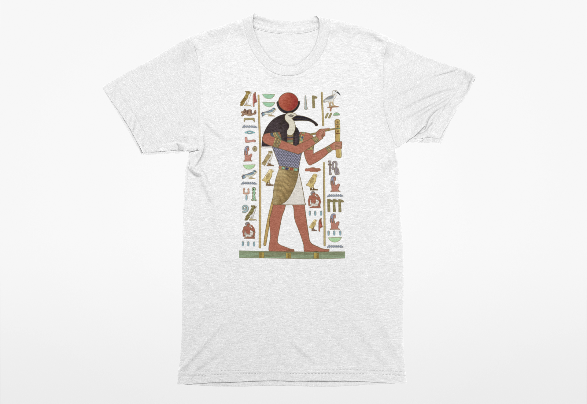 Thoth T-Shirt flat on white background with Egyptian mythology graphic design