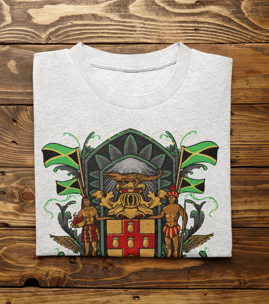 Jamaica T-Shirt folded on wood background with coat of arms and national bird design